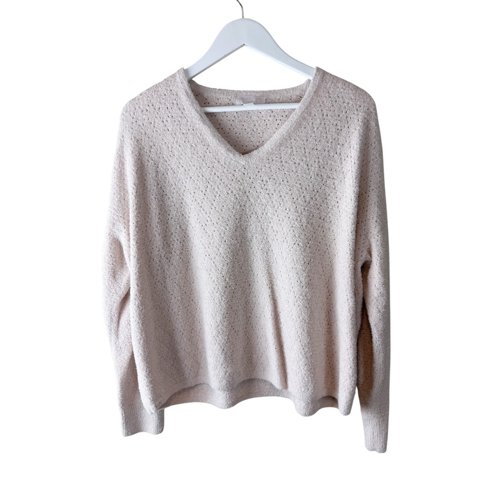 Barefoot Dreams CozyChic Lite V-Neck Pointelle Sweater Pale Pink XL